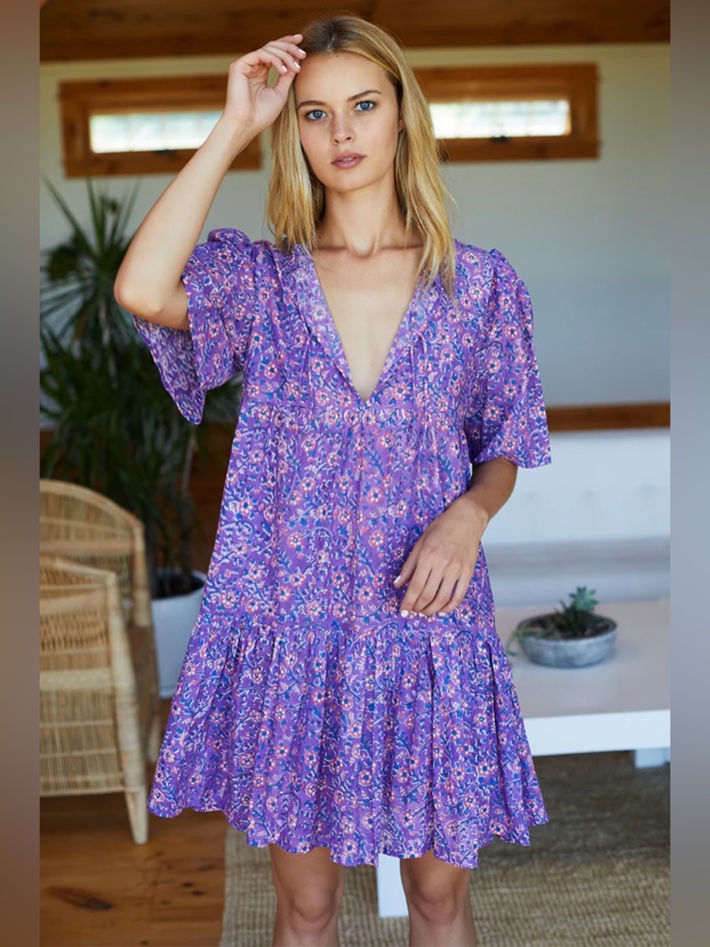 Emerson Fry India Collection Violet Wildflower Isla Dress Organic Cotton Large